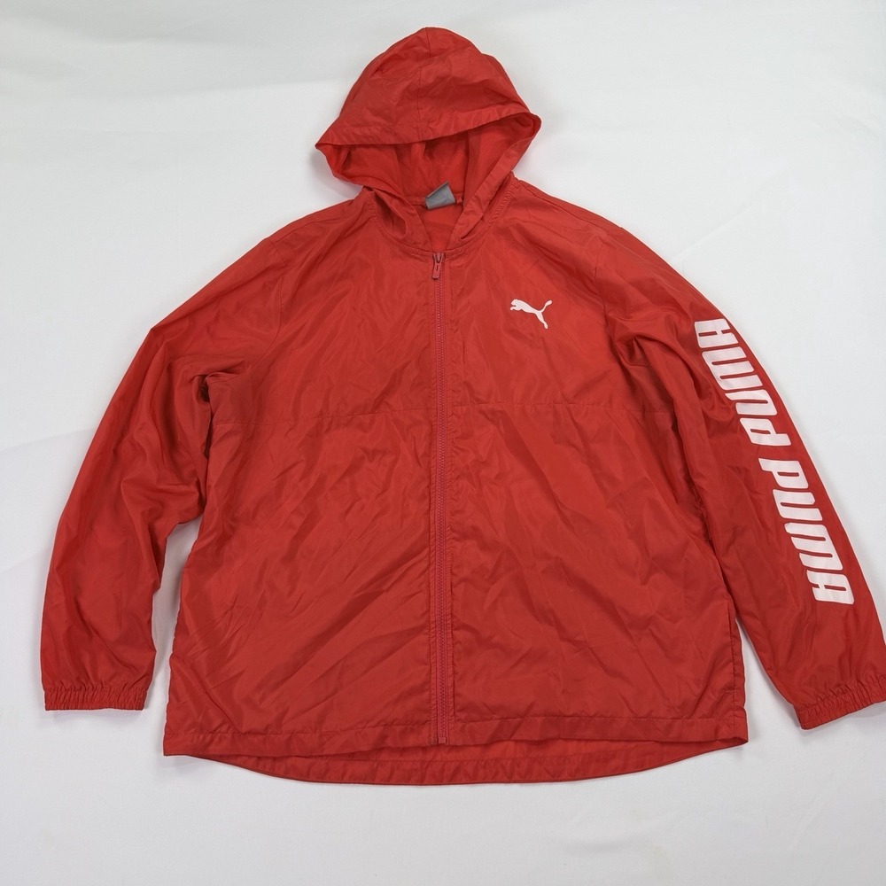Puma Windbreaker Jacket Hooded Red Full Zip Logo Sleeve Women's XL